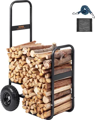 A firewood cart filled with logs, with accessories shown in the upper right corner.