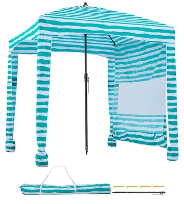 Image de Cabane de plage SucceBuy, 1,8 x 1,8 m, protection solaire avec parois latérales, indice de protection UPF 50+, pavillon portable avec sacs de sable, idéal pour la famille, rayures vertes