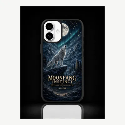 Imagen del producto de Funda para iPhone 16, carcasa protectora con diseño de lobo y luna. Marca: LUNØIR ©
