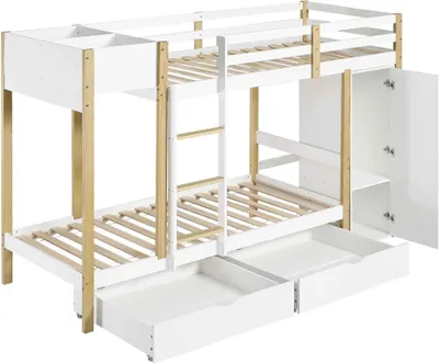 Produktbild von AIORBER Etagenbett Kinder 90x200 cm mit Leiter, Schrank und Schubladen, Hochbett Massivholz mit Stauraum, Weiß+Natur