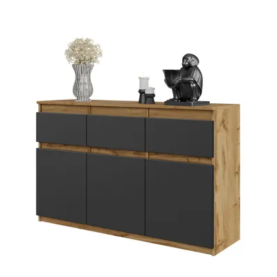 Zdjęcie produktu dla Komoda 120 Cm Dąb Wotan / Antracyt 3 Szuflady, 3 Drzwi, 3 Półki, Salon