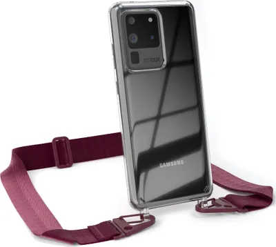 Produktbild von EAZY CASE - Hülle mit Band für Samsung Galaxy S20 Ultra / S20 Ultra 5G, Handyhülle mit Umhängeband, Silikonhülle transparent, Handykette in Rot