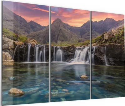 Produktbild von DEQORI Glasbild Echtglas 3x50x100 cm 'Wasserfälle im Abendlicht' Wandbilder XXL groß