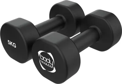 Immagine prodotto di Set di manubri in neoprene da 2 x 5 kg, rivestiti in ghisa, con lato piatto, forma esagonale, antiscivolo e antirotazione, per l'allenamento di forza a casa o in palestra, Pilates e fitness