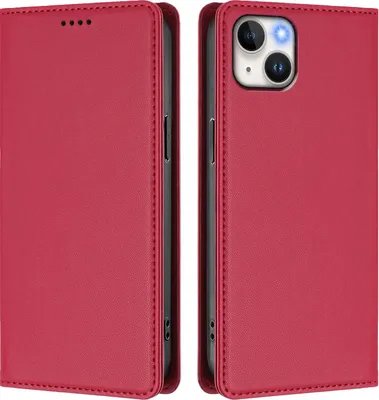 Image de Etui en cuir pour iPhone 15 Plus, étui magnétique en cuirPolyuréthaneavec support Rouge