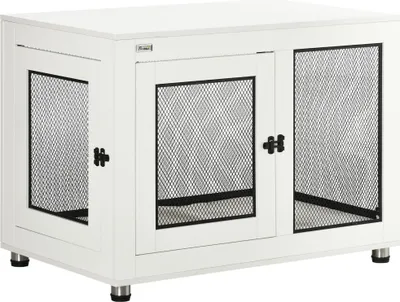 Produktbild von Verriegelbare Hundebox aus Stahl mit 2 Türen und weicher Matte - Weiß 94x60x71,5 cm - Sichere Transportbox für Hunde