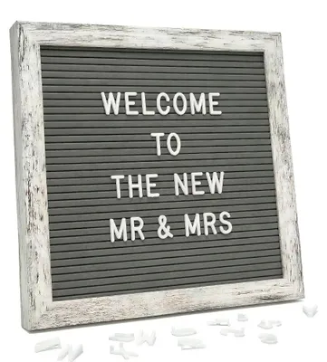 Productafbeelding van Letterbord van 25 x 25 cm, grijs vilt, rustieke houten lijst, met 336 tekens (letters, cijfers, symbolen en emoji's) voor decoratie, notities en foto's