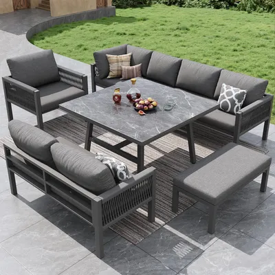 Produktbild von STILVORA Gartensofa L-Form für 8 Personen mit robustem Eisengestell und grauen Polstern, Gartenmöbel-Set inkl. Tisch mit Marmorglasplatte und 2 Sesseln, Sofa wetterfest und pflegeleicht