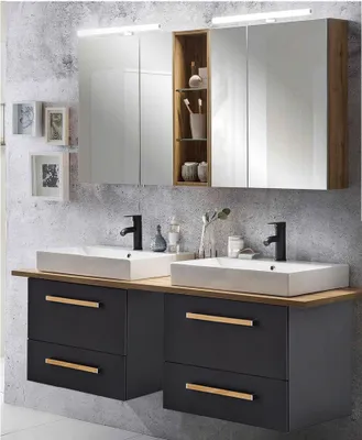 Produktbild von Badmöbel Doppel-Waschtisch Set in anthrazit DABO-04 mit Landhaus Eiche, B/H/T 165,2/200/50 cm