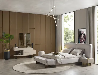Produktbild von Schlafzimmer Beige Bett 2x Nachttische Schminktisch mit Spiegel Hocker