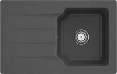 A top-down view of a dark gray kitchen sink with a drain.