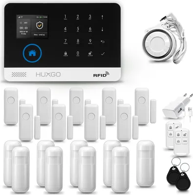 Immagine prodotto di HUXGO HXA003 Sistema di allarme casa WiFi + GSM 4G con sirena, sistema di allarme con 9x sensore di movimento e 9x sensore porta-finestra, sistema di allarme per appartamento, casa, ufficio, Tuya Smartlife App