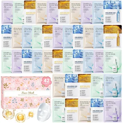 Productafbeelding van Gezichtsmaskerset, 42 stuks, met 6 verschillende essences. Hydraterend, verhelderend, anti-aging, geschikt voor alle huidtypes
