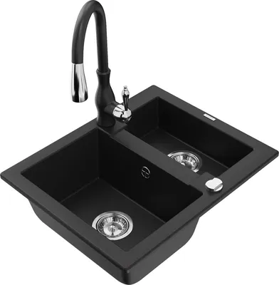 Produktbild von Mexen Carlos 1,5-Becken-Granitspüle mit Mischbatterie Savita, Schwarz - 6518-77-672601-70