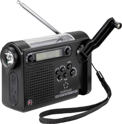 A black emergency radio with a solar panel, hand crank, flashlight, and digital display.