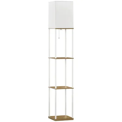 A floor lamp with shelves against a white background.