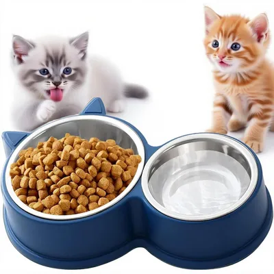 Image de Ensemble de deux gamelles pour chat, en acier inoxydable, antidérapantes, compatibles avec le lave-vaisselle, de couleur bleue, avec un motif de chat