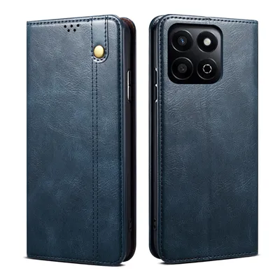 A blue leather wallet-style phone case is shown from the front and back.