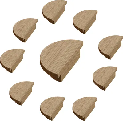 A collection of ten wooden corner pieces arranged in a circular pattern against a white background.