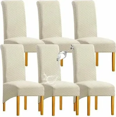 Produktbild von Großer Stuhlbezug für Esszimmerstühle, waschbarer, elastischer Stuhlbezug aus Jacquard mit hoher Rückenlehne, 6er-Set, XL-Esszimmerstuhlbezüge in Beige, 1 Set