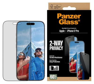 Zdjęcie produktu dla PanzerGlass ® 2-Way Privacy Screen Protector iPhone 17 Pro | Ultra-Wide Fit w. EasyAligner, Apple, Apple - iPhone 17 Pro, Aplikacja na sucho, Odporny na zadrapania, Odporny na wstrząsy, Przezroczysty, 1 szt.