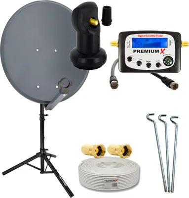 Produktbild von PremiumX Camping Satelliten-Komplettanlage 60cm Satellitenschüssel Single LNB Sat-Finder 10m Kabel F-Stecker Dreibein-Stativ