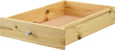 An empty wooden drawer with a silver knob on the front.