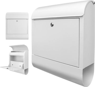 Design Briefkasten Stahl weiß mit Zeitungsfach pulverbeschichtet 38x46x12,5cm, 2 Schlüssel, Postkasten A4 Einwurf mit Montagematerial [BKW Blanco]