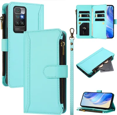 Image de Etui pour Xiaomi Redmi 10 4G, zippé, étui portefeuille en cuirPolyuréthaneavec pochettes pour cartes, support et dragonne vert menthe