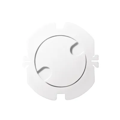 A white plastic electrical outlet cover with a circular opening and three indentations, presented against a white background.
