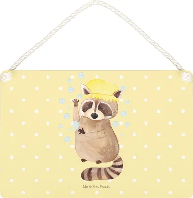 Produktbild von Mr. & Mrs. Panda Schild Waschbär DIN A5 - Gelb Pastell - Geschenk, Plan, Holzschild, Lustige Sprüche, holzbild, Fröhlich, wandtafel, Seifenblasen, Türschild, Waschen