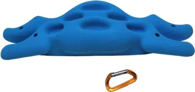 Blaues Trainingsboard KineBoard von Entre Prises mit mehreren Griffen und einem orangefarbenen Karabiner.