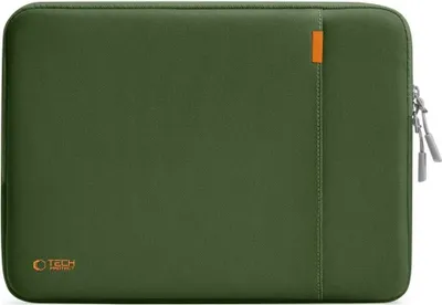 A green laptop sleeve with an orange tab and silver zipper.