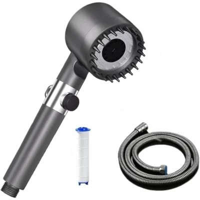 Produktbild von Duschkopf mit Filter und Schlauch 1,5M, Hochdruck, Wassersparend, Grau