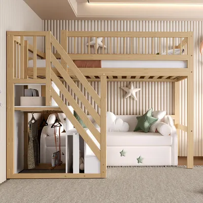 A wooden bunk bed with stairs and storage, set up in a child's room with decorative pillows and blankets.