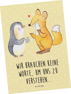 Produktbild von Mr. & Mrs. Panda Grußkarte Fuchs & Pinguin gehörlos - Gelb Pastell - Geschenk, Postkarten, Postkarte, Gebärdensprache, bildkarte, Ansichtskarte, Ansichtskarten