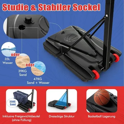 Image de Panier de basket réglable en hauteur avec support et 2 roues 105-260 cm noir