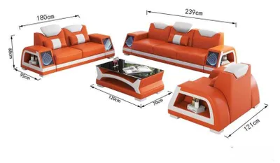 Zdjęcie produktu dla Komplet wypoczynkowy do salonu: sofa 3-osobowa, sofa 2-osobowa, kolor pomarańczowy i biały, oświetlenie LED, nowoczesny design