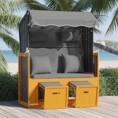 Produktbild von Möbel Strandkorb mit Kissen Poly Rattan Massivholz Schwarz Anthrazit - Gartenliegen &30438