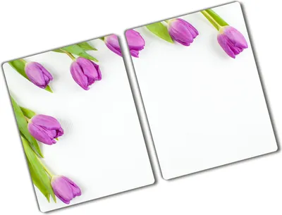 Produktbild von Tulup Glas Herdabdeckplatte - 2x40x52 cm - Glaskeramikkochfeld-Abdeckung Spritzschutz Glasabdeckplatte Kochplattenabdeckung und Schneidebrett - Zweiteilig - Blumen & Pflanzen - Lila Tulpen - Lila