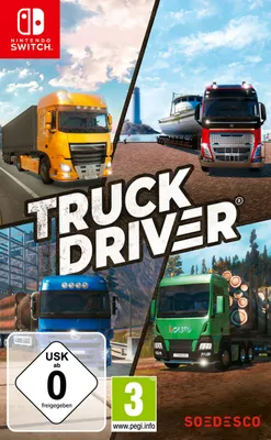 A collage of four different truck scenes, with the game title prominently displayed.
