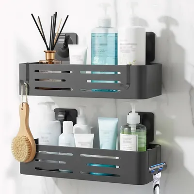 Image de Étagère de salle de bain sans perçage - Organisateur avec crochets amovibles