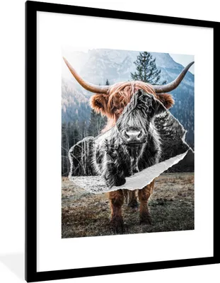 Produktbild von MuchoWow® Gerahmtes Poster Schottischer Highlander - Tiere - Schwarz - Weiß 60x80 cm - Poster mit Schwarzem Bilderrahmen Wandposter Rahmen Foto Bilder - Wohnzimmer - Dekorationen - Prämie