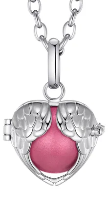 Produktbild von Morella® Damen Halskette Edelstahl 70 cm mit Engelsflügel Herz Anhänger und Klangkugel rosa Ø 16 mm in Schmuckbeutel