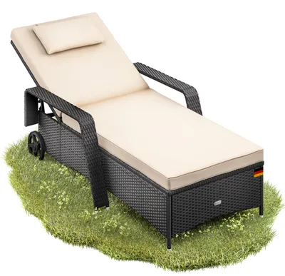 Image de Casaria® Chaise longue en polyrotin Noir-Crème coussin 7cm 2 roulettes Max 160kg Dossier réglable Bain de soleil jardin
