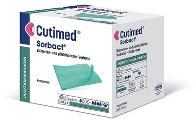 Produktbild von 16x Cutimed Sorbact, Saugkomp.,antimikrobielle Wundauflage,steril, 10:10cm, | Packung (6 Kompressen)