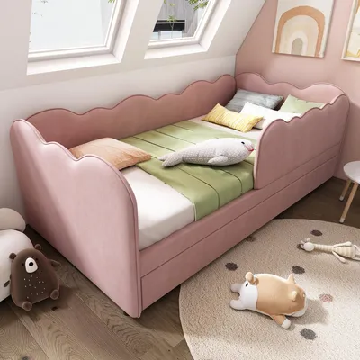 Immagine prodotto di okwish Divano letto a L 90x190 Giorno senza materasso, Letto per bambini con letto estraibile, Divano letto a forma di nuvola con griglia, materiale velluto, Rosa