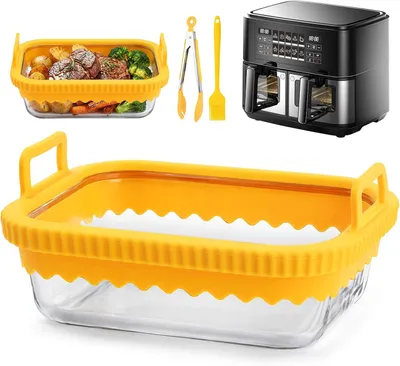 Produktbild von Glasauflaufformen, Borosilikatglas, für Airfryer, Silikongriffe, gelb