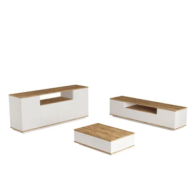 Three pieces of modern furniture on a white background.