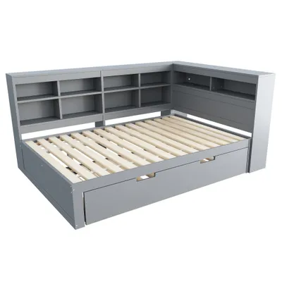 Produktbild von Schlafsofa 140x200cm Doppelbett (Ohne Matratze) Massivholzbett Mit 90x190cm Schleppbett Mit USB-Steckdose und Ablagefächern Multifunktionsbett Grau